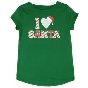 I Love Santa Tshirt Girls Sz XS Green Silver Glitter Christmas‎ Festive Holiday